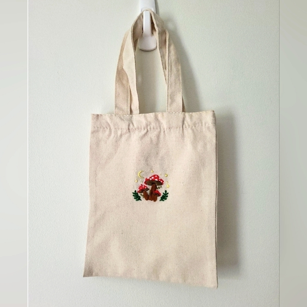 Hand Embroidered Mushroom Cream Tote Bag